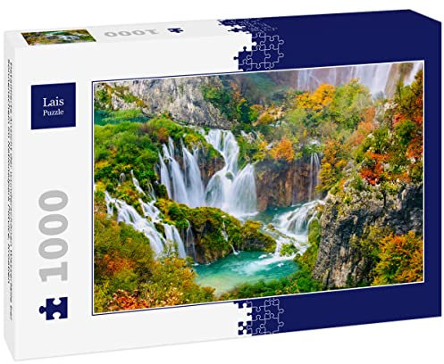 Lais Puzzle Detaillierte Ansicht der wunderschönen Wasserfälle bei Sonnenschein im Nationalpark Plitvice, Kroatien 1000 Teile