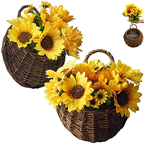 Tapeera künstliche SonnenblumenWanddekoration 2erPack (Körbe im Lieferumfang enthalten) – hängender handgewebter Korb – künstliche SonnenblumenKüchendekoration – künstliche SonnenblumenDekor