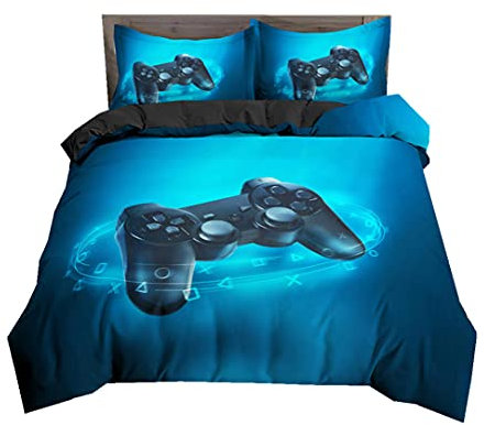 PEIHUODAN Funda Nórdica Niño Adolescente Dibujos Animados Gamepad Ropa de Cama Microfibra Creativo Botón de Control de Juegos Patrón de Videojuego Funda de Edredón Gaming (Azul,150x210 cm,Cama 90 cm)
