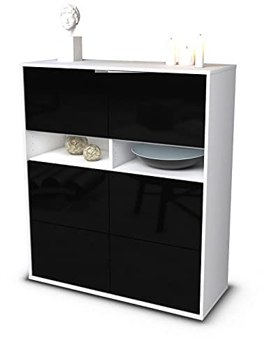Stil.Zeit Highboard Jasmin, Korpus Weiss matt, Front Hochglanz-Design Schwarz (92x108x35cm), Push-to-Open Technik & Leichtlaufschienen