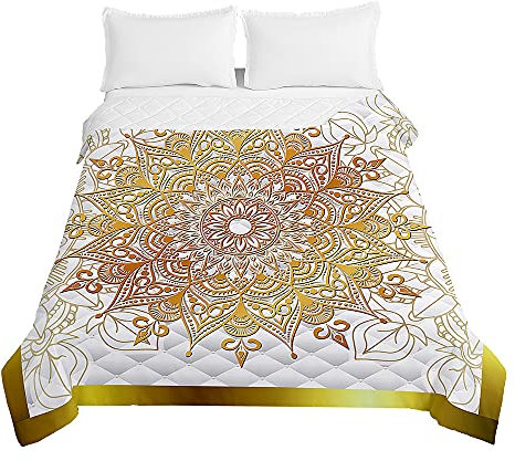 Surwin Tagesdecke Bettüberwurf Steppdecke für Doppelbett Einzelbett,Mikrofaser Wattiert Gesteppt Bettdecke 3D Mandala Druck Dünne Tagesdecken mit Ultraschall Prägung (Würdevolles Gold,220x240cm)