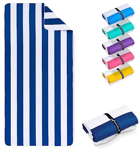 Fit-Flip Strandtuch XXL - Mikrofaser Badetuch - Strandtücher leicht und schnelltrocknend - 100% recyceltes Mikrofaser Handtuch - Strandhandtuch zum Baden (Marineblau-Weiß gestreift 160x90cm)