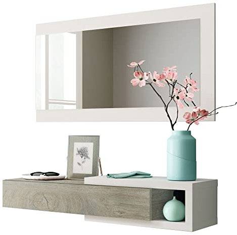 HOMN LIVING Recibidor Moon con 1 cajón y Espejo Color Roble/Blanco, Mueble de Entrada, 95 cm (Ancho) 26 cm (Profundo) 19 cm (Altura)
