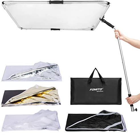 Fomito 5-in-1 quadratisches Metallflaggen-Panel-Reflektor-Set mit Galgenarm, 100 x 100 cm, tragbarer Handlichtreflektor, Flaggenreflektor, Panel, Scrim Fotografie