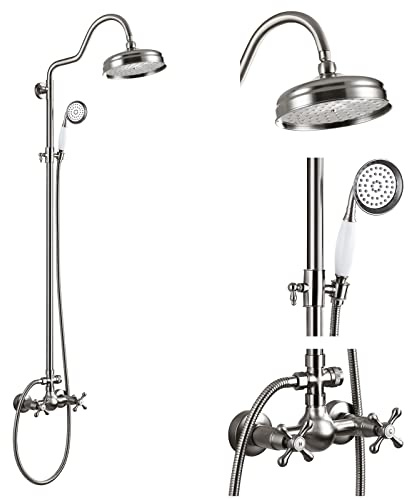 gotonovo Badezimmer-Duscharmatur-Set mit Kreuzgriffen, Wandhalterung, 20,3 cm, Regenduschkopf, 2 Griffe, Duscharmatur und Handbrause-System, Vintage, gebürstetes Nickel