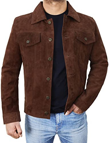 LP-FACON Veste de camionneur en daim noir pour homme – Marron Vintage Moto Western Cowboy en daim, Marron - Cuir suédé, XL