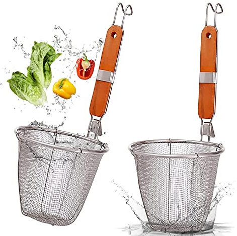 CHAMEEN Pasta Sieve Dumpling Stainless Steel Pasta Basket 2 Pieces Serving Basket Kitchen Sieve Colander Kitchen Aid with Wooden Handle LöFfel