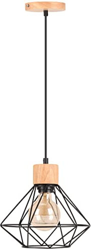 TOKIUS Pendelleuchte Vintage Industrial Hängelampe Geometrischem Design E27 Lampe aus Holz und Eisen Käfig Lampenschirm Schwarz Hängeleuchte für Esstisch Küche Wohnzimmer (Pendellampe 1-flammig, 22cm)