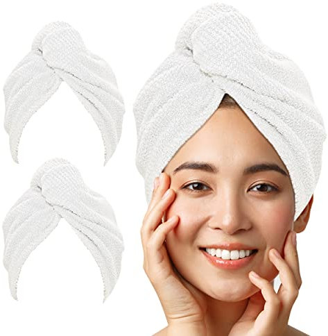 LUXTOGO® Haarturban-Premium Haarhandtuch 100% Baumwolle, Hochwertiges Turban Handtuch mit Knopf und Gummizug, Super Saugfähiges Kopfhandtuch (Weiß Karo)