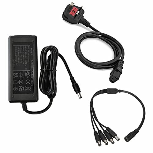 12V 5A Power Supply UK AC 100-240V 50-60HZ To DC 12V 60W Adapter Charger Transformer With 5.5x2.1mm Jack for CCTV Security Systems, LED Strip Lights, LED Drivers (12V 5A Adapter + 4 Way Splitter)