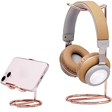 JIARI Headphones Stand and Cell Phone Stand Desktop Metal Holder Accessories 2pcs Set (Rose Gold)