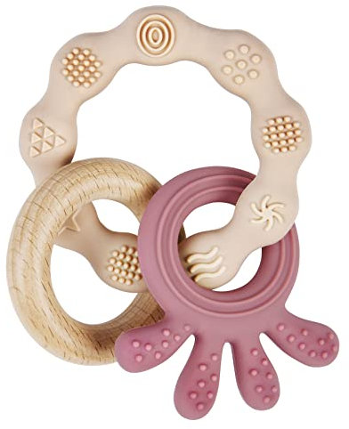 Vicloon Beißring für Babys, Beißring Spielzeug aus Silikon und Holzringe, Baby Zahnungshilfe BPA-frei, Schmerzlindernde Zahnen Nursing Zubehör für ab 3 Monaten Babys(Krake Dunkelpink)