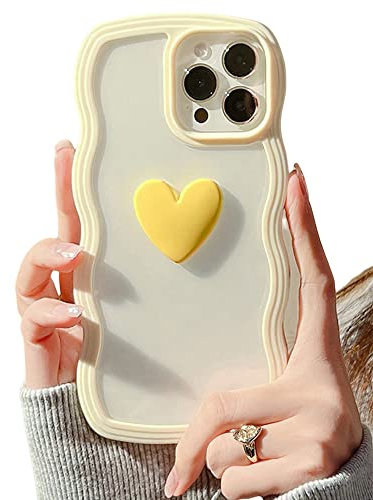 ZTUOK Compatible with iPhone 11 Case for Girls Women,Curly Simple Wave Design Clear Transparent Case with Cute 3D Love Heart Shockproof Slim Protective Soft TPU Bumper Cover for iPhone 11-Yellow