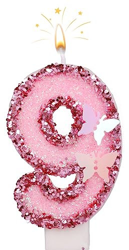 SAVITA 2.7 Inch Birthday Number Candles, Pink Number Candles Cake Topper Butterfly Birthday Candles with Sequins Glitter for Anniversary Celebrations Supplies (Number 9)