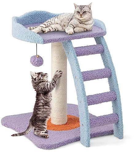 PETSITE Small Cute Cat Tree, 19 Inches Modern Cat Tower for Indoor Cats with Top Perch, Scratching Post, Ladder, Blue Purple