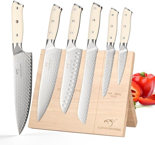 NANFANG BROTHERS Knife Set, 6 Pieces Damascus Steel VG10 Kitchen Knife Set with Wood Magnetic Knife Holder, ABS Ergonomic Handle for Chef Knife Set, Professional