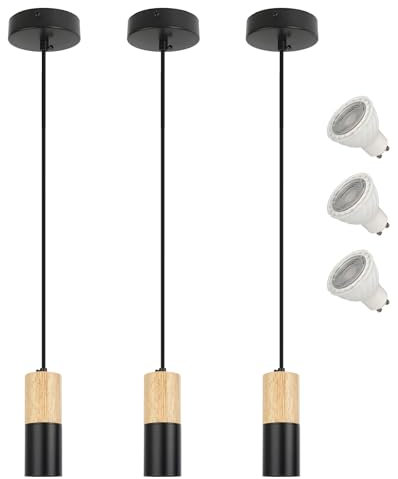 VONCI 3 Pack Moderne Pendelleuchte Bauernhaus Schwarz Metall Holz Pendellampe Vintage Zylinder Hängelampe Hängeleuchte für Kücheninsel Wohnzimmer Schlafzimmer Flur (3×GU10 Glühbirnen Enthalten)