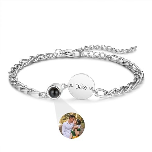 ALBERTBAND Personalisierte Projektion Armband Foto Armband mit Bild Rostfreier Stahl Personalisierte Geschenke für Damen, Mädchen, Freundinnen, Ehefrauen, Großmütter, Paare (Rund-Silber)