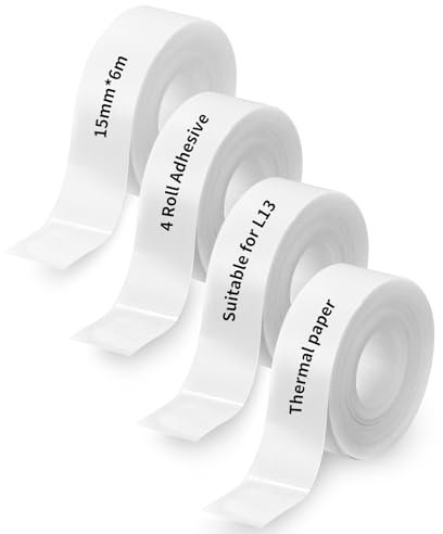 Cinta de etiquetas compatible con 15 mm x 6 m,4 Rollos etiquetas autoadhesivas,para cables L13 Papel impermeable antiaceite para cables,Etiquetas Adhesivas Térmicas Fácil de Cortar Blanco