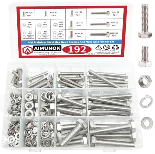 Kit assortito di bulloni e dadi M6 M8 M10, 192 pezzi, in acciaio inox 304, con rondelle piatte e di bloccaggio per riparazioni domestiche, 8 misure più comuni (kit da 192 pezzi)