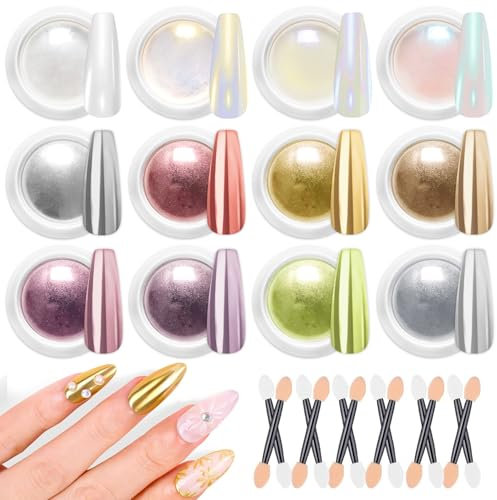 BISHENGYF 12 Chrome Nail Powder Set【Langlebiger Glitzer】Spiegel Cromepulver Nägel, Aurora Nails Pearl Nagelpuder, Neon Pearl-Nagel Pulver, Roségold-Chrome Pulver Nägel Kunst Dekoration - DIY-Salon