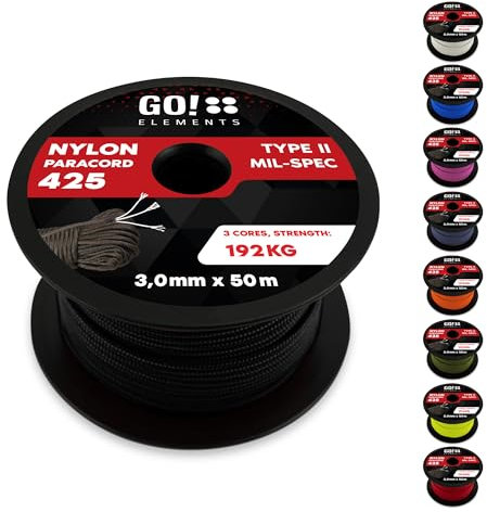 GO!elements 50m Paracord Seil aus reißfestem Nylon - 3mm Paracord 425 Typ II max. 192kg - Schnüre als Outdoor Seil, Allzweckseil, Survival Seil, Armband, Hundeleine, Nylonschnur, Farbe: Schwarz