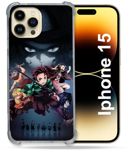Cokitec Verstärkte Schutzhülle für iPhone 15 (6,1 Zoll), Manga, Demon Slayer, Schwarz