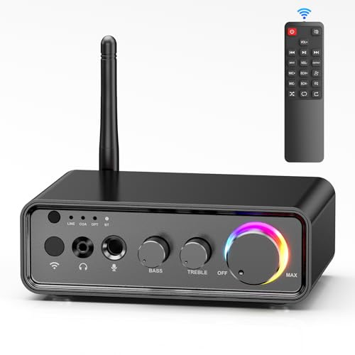 MOREGAX M19 BT Amplifier Stereo Receiver, Bluetooth 5.3 Mini Amplifier 2 Channels 100W x2 HiFi Class D Amp with RCA/Optical/Coaxial/Mic Input and Bass Treble Control for Home Outdoor Speakers