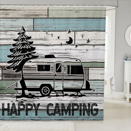 Homemissing Happy Camping - Cortina de ducha de tela para niños, niñas, caravana, camping, baño, accesorios impermeables con 12 ganchos, cortinas rústicas de estilo vintage, 180 x 210 cm