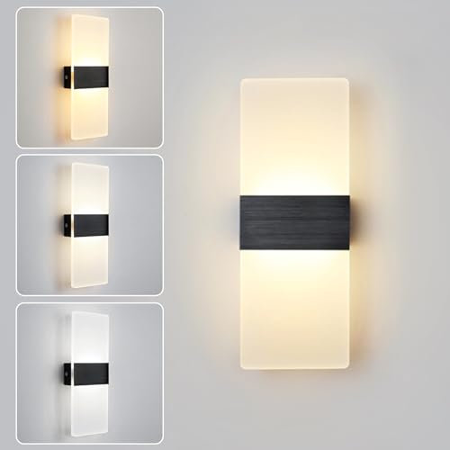 CRFASIBE LED Wandleuchte Innen Dreifarbige, 6W Rechteckige Acryl LED Wandleuchte, Moderne Innen Wandleuchten für Wohnzimmer Schlafzimmer Treppenhaus Küche Korridor (Schwarz)