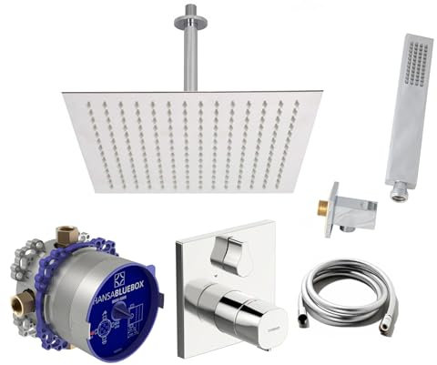 vanvilla Duschsystem mit Unterputz Duscharmatur von Hansa Living Thermostat Armatur und vanvilla Regendusche mit Armatur, Duschkopf eckig, Dusch-SET A107 poliert