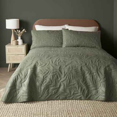 Serene - Khaki Green Leaf Embossed Duvet Cover - Double Bedding Size (200 x 200cm) - Soft Touch - Leaf/Leaves Embroidery Duvet Cover in Khaki Green - Luxury Bedding Set - Luana Collection