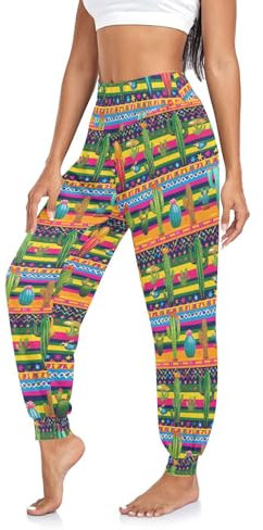 CHIFIGNO Haremshose für Damen, Lounge-Yogahose, Joggerhose, Baggy, Freizeithose, Mexikanische Streifen, bunter Kaktus, Groß