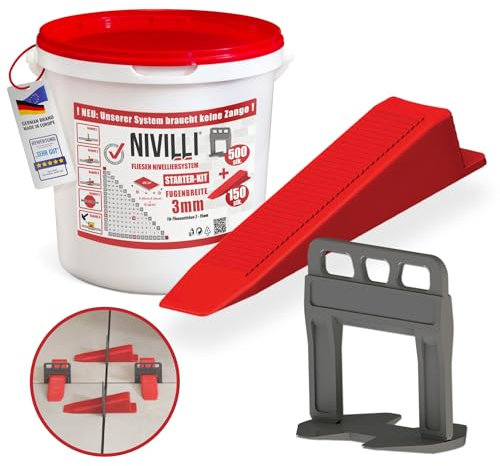 Nivilli Keily Starter Set 300 x Tabs + 100 x Wedges Pliers Free Professional Levelling System Tile Laying Aid. 3mm Joint Width, Material Thickness 3-15 mm