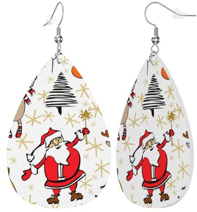 Frauen Haken Ohrringe Leder Wassertropfen Ohrringe Teardrop Baumeln Ohrring hässlicher Weihnachtsmann mit Wolf Fuchs Doppelseitiger Druck Schmuck Geschenk für Frauen Mädchen oder Liebhaber,