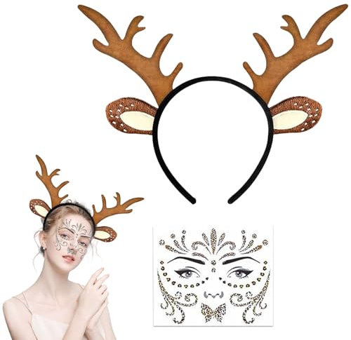 Ayizhiniu Serre Tête en Bois de Renne, Noel Serre Tete Cerf + Tatouage Visage Renne, Serre Tête Renne avec Tutu Jupe Deguisement, Applicable à Coiffe Jeu Rôle Thème Carnaval Noël