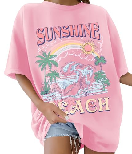 Lonya T-Shirt Oversize à col Rond pour Femme Tee Shirt à Manches Courtes Grande Taille Femme Sunshine Lettres Créatives Arc-en-Ciel Haut D'été Décontracté Coton Loose Streetwear Top, Rose, XXL
