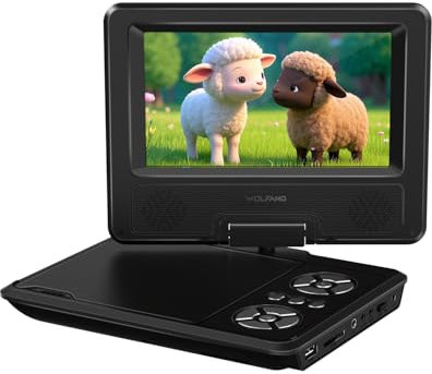 WOLFANG Reproductor de DVD Portátil de 9,5 Pulgadas para Niños en el Coche con Pantalla HD Giratoria de 7,5 Pulgadas, Altavoces Estéreo, 6h de Autonomía, Soporte de Sincronización