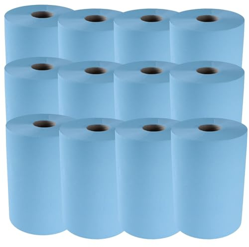 TECPO Putztuchrolle Blau 12x 500 Blatt gesamt 6000, 3-lagig, perforiert, saugstark, Putzrolle Papierrolle Reinigungstücher Wischtücher Putzpapier für Gewerbe