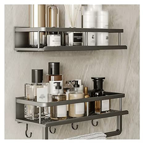 Storage Rack Toilet Washstand Double Layer Simple Storage Rack with Hook and Towel Rack Kitchen Counter Metal Storage Rack Wall Perforated Storage Rack，50