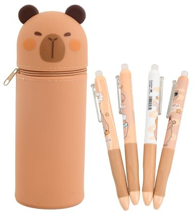 Marjoramy Kawaii 2 in 1 Pencil Case in Soft Silicone, with 4 Capybara Pens, Capybara Pencil Case, Desk Pen Holder Retractable Capacity Zipper Closure, Multifunctional Storage Box for School, Office