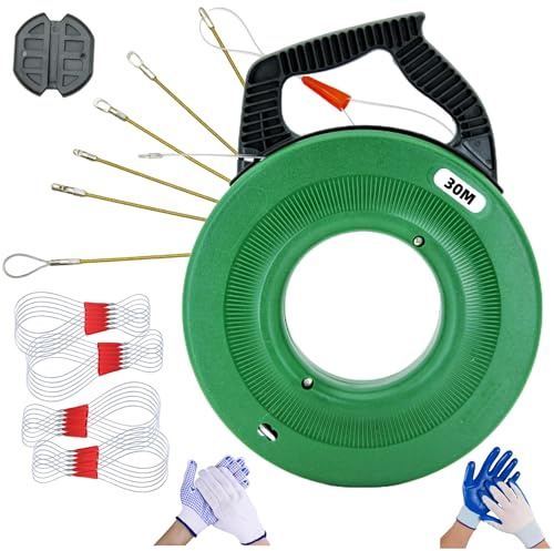 Kabeleinziehhilfe 30m Einziehspirale 3mmØ 5 austauschbare Anschlüsse Zugdraht Leerrohre Kunststoffgehäuse Elektrikerwerkzeug Elektroinstallation Kabelverlegung Kabelinstallation