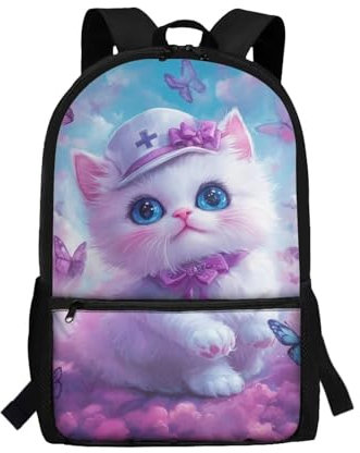 COEQINE cat backpack for girls 9 10 Lightweight Girls Bookbag Ages 8-10 Middle School Book Bag for Kids with Front Zipper Pocket Large Rucksack Laptop Shoulder Handbag for Children