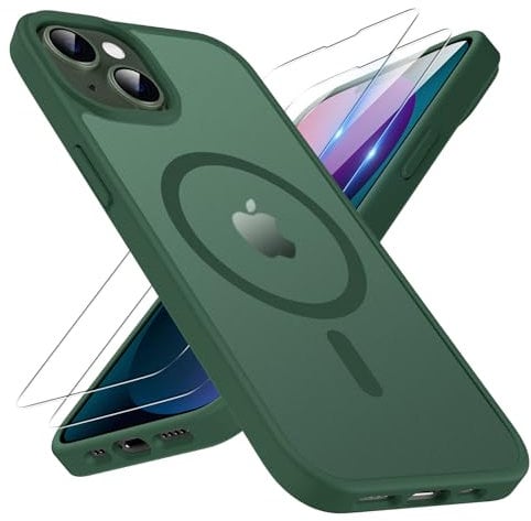 TQIAHF Magnetic Phone Case for iPhone 13 / iPhone 14 Case with 2 Tempered Glass Screen Protector Compatible with MagSafe Military Grade Translucent Matte Phone Cover,Green