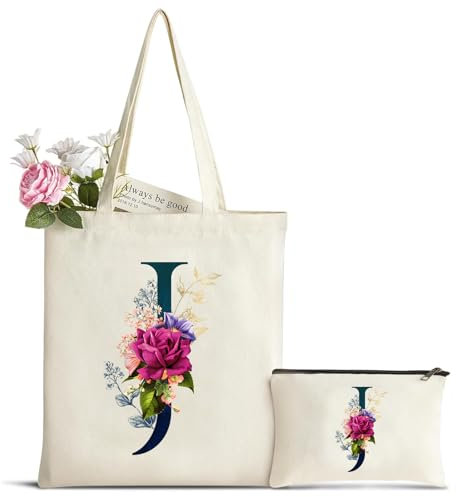 Personalizadas Inicial Bolsa de Lona, Bolso Tote de Mujer con Inicial y Flores, Bolsa de Compras con Bolso de Cosméticos, Regalos para Damas Amigas Mamá, Regalo de Cumpleaños Boda Navidad J