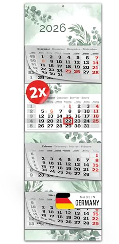 PRIMUS PRINT XXL Kalender 2026 - Mehrblock Wandkalender - 4-Monatskalender - mit Datum Schieber, Kalender zum Aufhängen - inklusive Feiertagen & Ferien - verschiedene Motive - [ 2x Eukalyptus ]