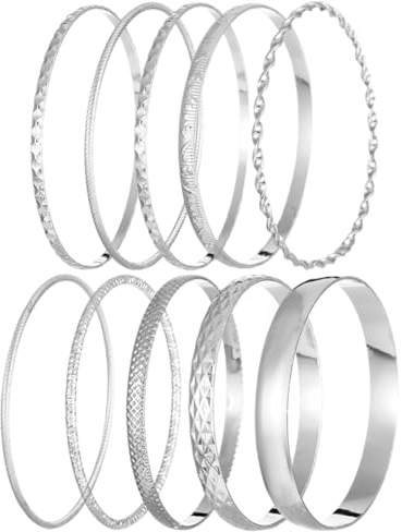 10 PCS Silver Bangles for Women Set, Vogue Silver Jewellery Ladies Silvery Bracelets Stackable, Womens Bangles Suitable for Women Daily Party Holiday Birthday Gifts