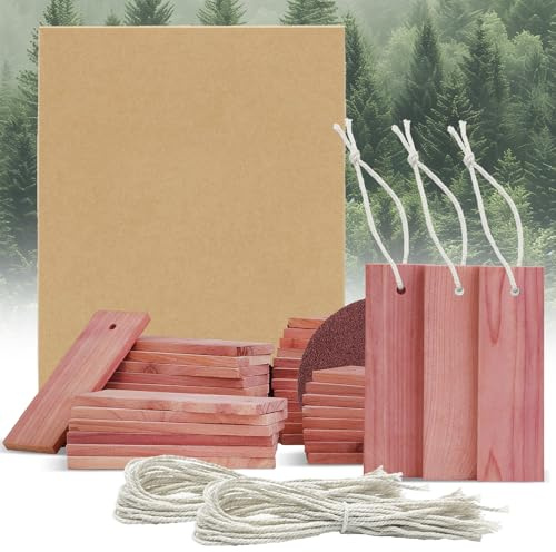 40 Pcs Cedarwood Moth Repellent for Wardrobes and Drawers, Natural Cedar Blocks with 40 Cotton Strings (for Hanging) & 1 Sandpaper for Clothes Storage, Long-Lasting Anti Moth Wardrobe Freshener
