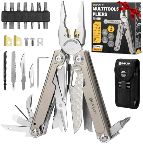 BIBURY Multiherramienta Titanio y Acero Damasco - Alicates Multiusos con Navaja Supervivencia, Tijeras, Sierra Intercambiable y Puntas - EDC Multitool para Camping, Reparar y Regalo Hombre BI2049TI
