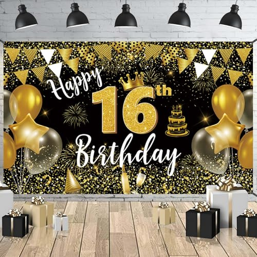 Happy 16th Birthday Banner, Extra Large Fabric Backdrop for Home Outdoor Decorations, 72 x 44 Inch Black Gold Fireworks Balloon Photo Booth Background Banner for Party Supplies
